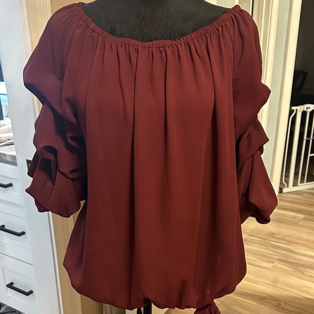 CeCe Wine Ruffle Sleeve Blouse